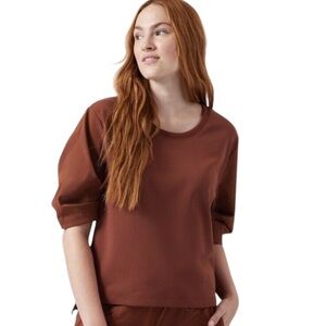 Athleta NWT Harlow Hybrid Tee Brown Short Gathered Sleeve Boxy Sz XS